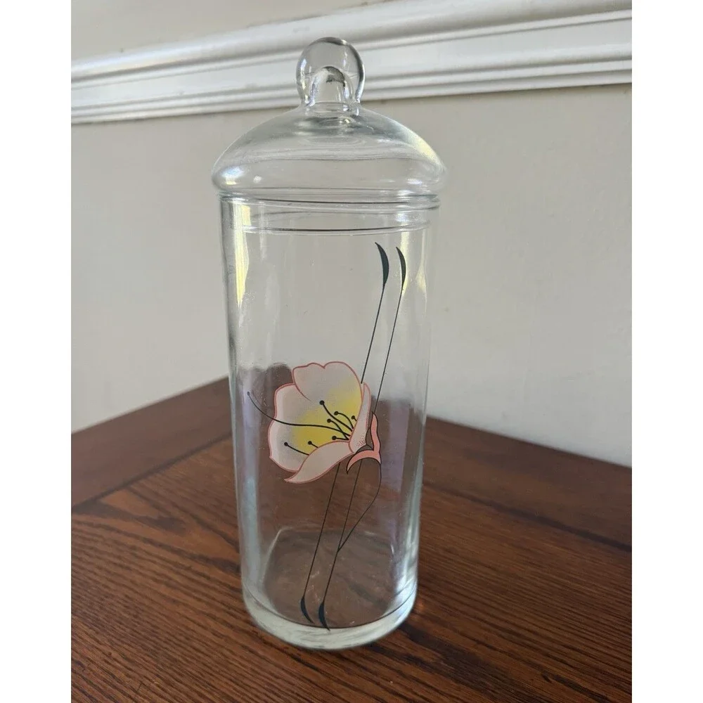 Pasabahce Turkey Clear Glass Apothecary Jar & Lid Pink Yellow Florals w/ Sticker